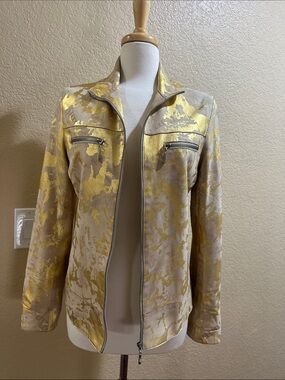 Women's Genuine Leather Gold-Print Zip Front Jacket size Medium